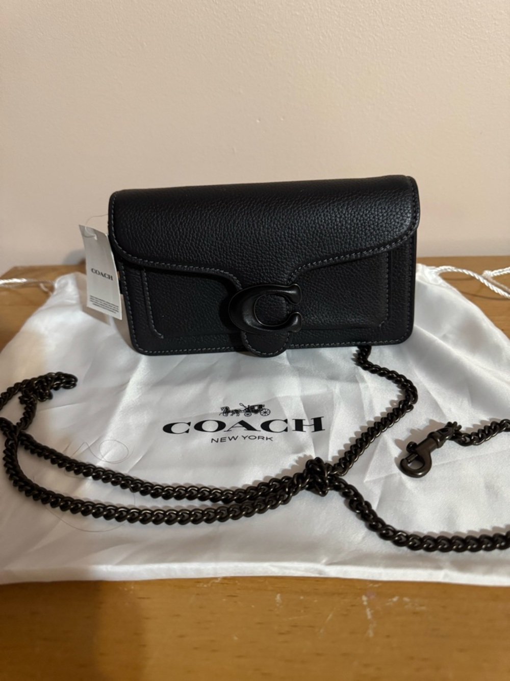 Coach Black Pebbled Leather Chain Crossbody with 'C' Accent